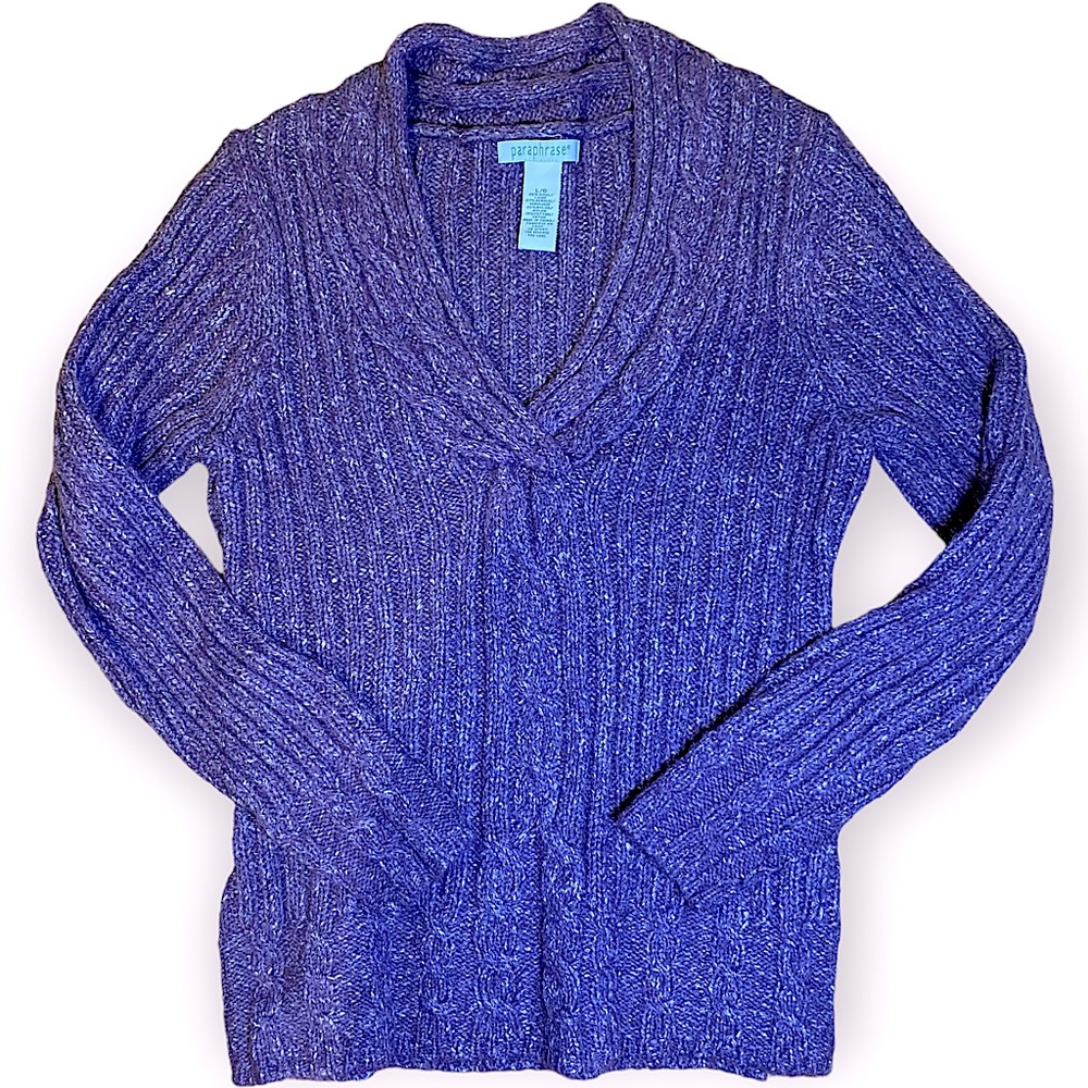 NWOT Paraphrase Purple V-Neck Cableknit Wool Sweater Size Large